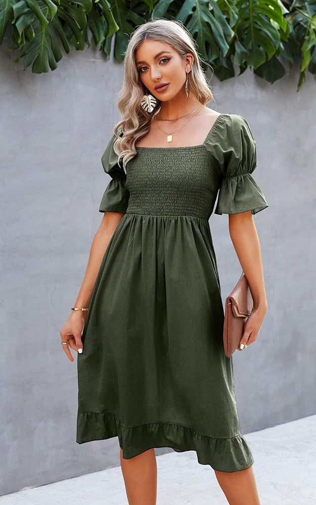 Angashion Women Square Neck Dress Solid Short Puff Sleeve Smocked Waist Knee Length Ruffle Summer Mi | Amazon (US)