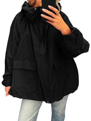 Fisoew Womens Oversized Lightweight Jacket Hooded Trench Coat Windbreaker Waterproof Raincoat With Pockets for Outdoor | Amazon (US)