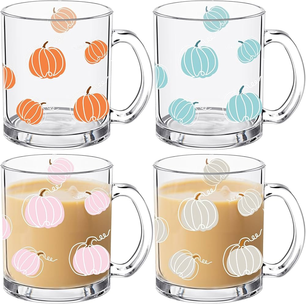 4 Pcs Thanksgiving Fall Glass Coffee Mugs, 12oz Pumpkin Mug with Handle Cute Pumpkin Coffee Cups ... | Amazon (US)