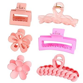 Hair Claw Clips,6PCS Pink Hair Clips,Big Hair Claw Clips Nonslip Large Claw Clip for Women Thin H... | Amazon (US)