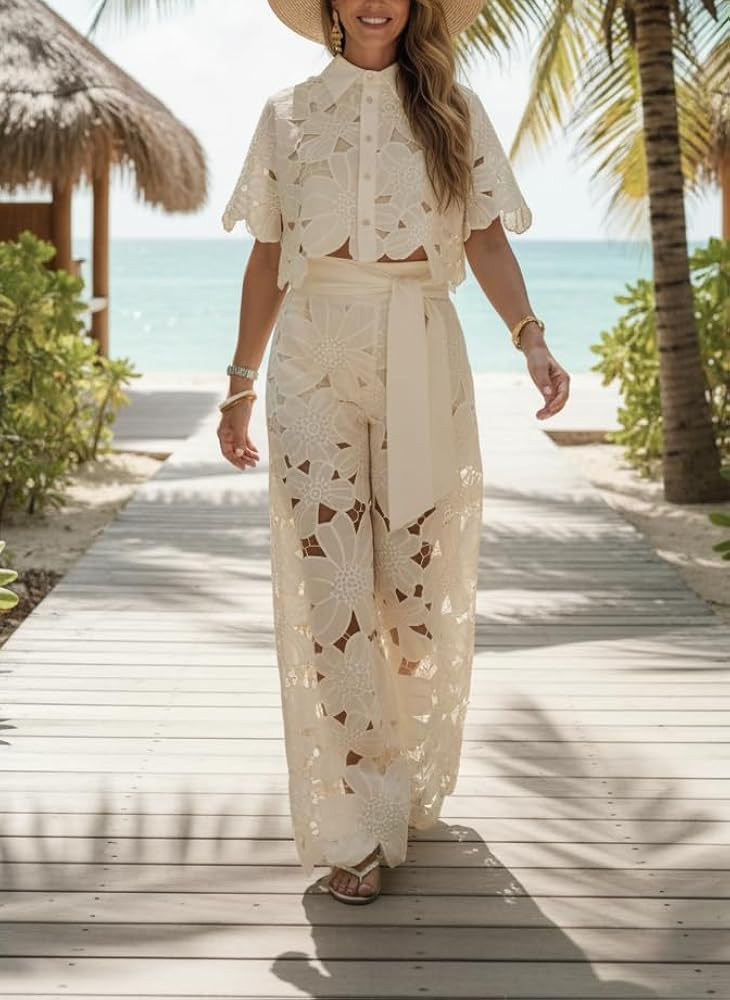 TIAFORD Womens Eyelet Floral Embroidery 2 Piece Set Cropped Top & Belted Wide-Leg Pants Beach Vacation Outfits Matching Sets | Amazon (US)