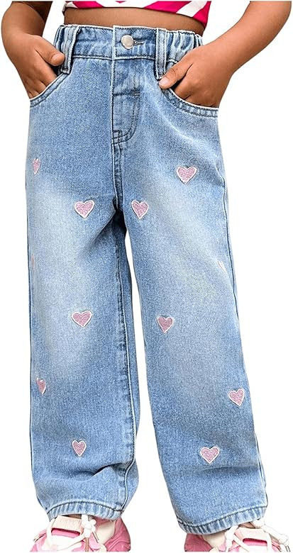 WDIRARA Girls' Heart Print Baggy Jeans High Rise Elastic Waisted Loose Denim Long Pants | Amazon (US)