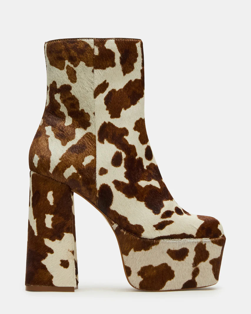 TRILLION Brown Cow Print Platform Square-Toe Block Heel Women's Ankle Boot | Steve Madden (US)