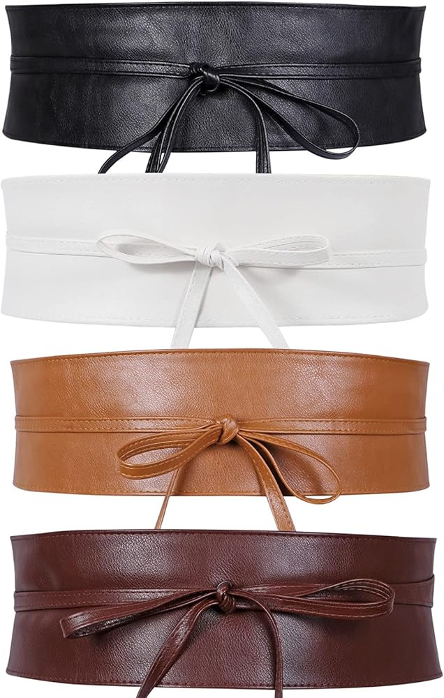 WERFORU Women Obi Belt PU Leather Self Tie Wrap Wide Waistband Boho Belt for Costumes Halloween | Amazon (US)