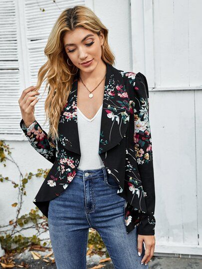 SHEIN Waterfall Collar Asymmetrical Hem Floral Blazer | SHEIN