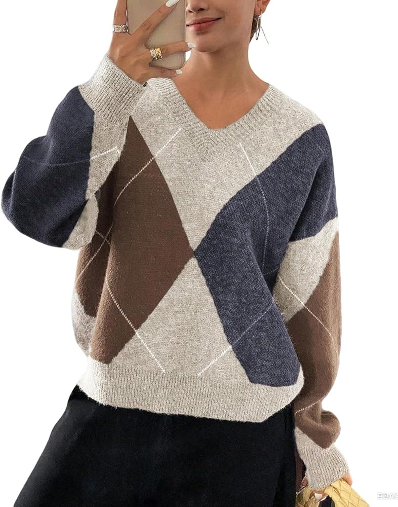 chouyatou Women's 2025 Fall V-Neck Argyle Sweaters Pullover Oversized Chunky Knit Casual Sweater ... | Amazon (US)