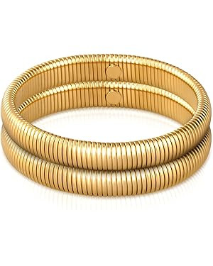 Gold Bangle Bracelets for Women Chunky Stretch Bracelet Set Stackable Bangles 14K Gold Plated Sta... | Amazon (US)