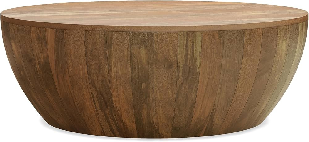 SIMPLIHOME Elmbrook SOLID MANGO WOOD 34 inch Wide Round Modern Industrial Drum Coffee Table in Na... | Amazon (US)