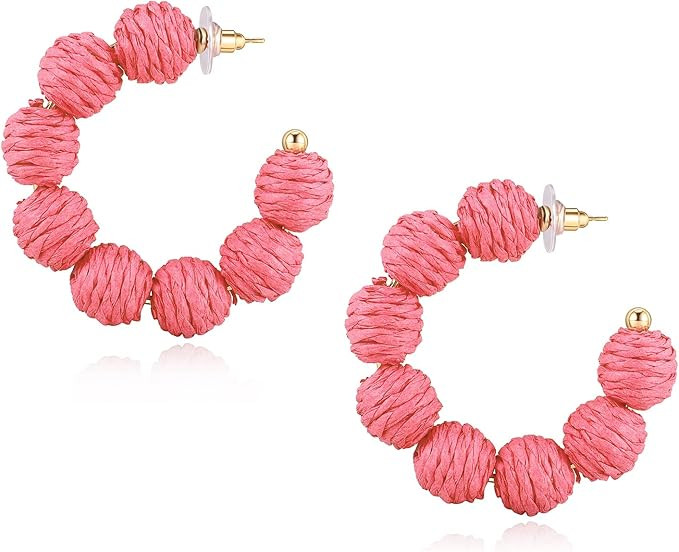 Raffia Hoop Earrings for Women Boho Colorful Rainbow Beaded Earrings Bohemian Statement Rattan Ea... | Amazon (US)