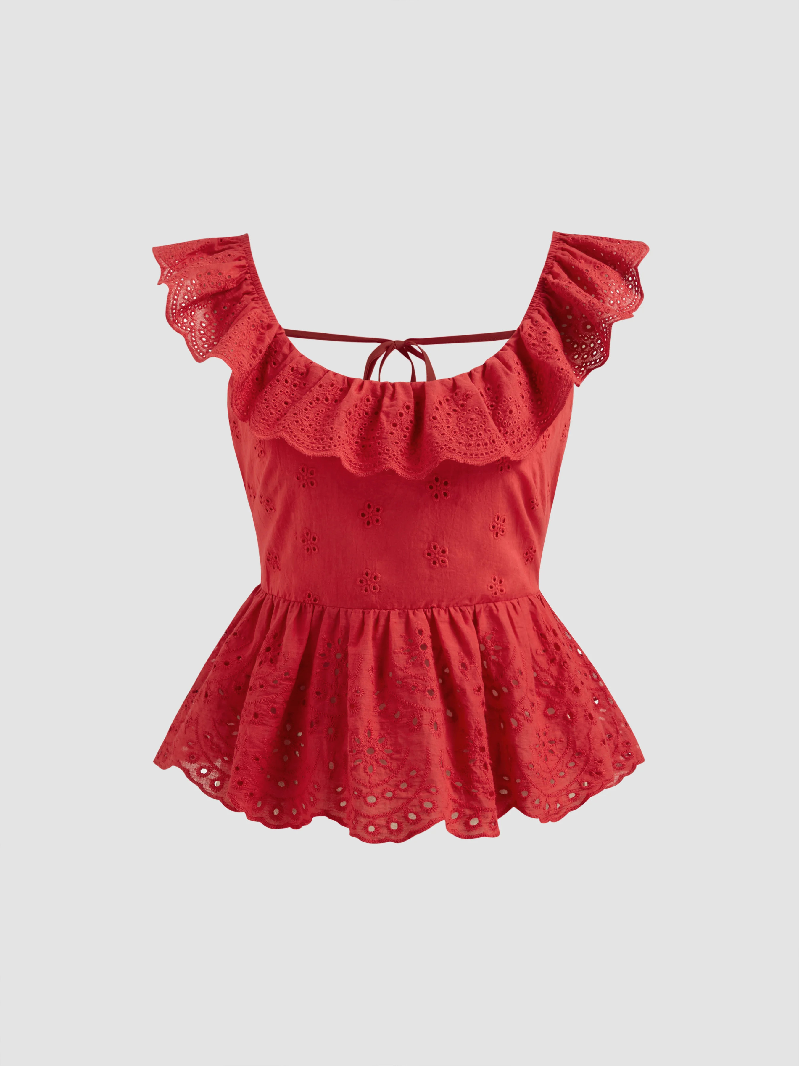 Woven  Cotton-blend Broderie Anglaise Knotted Backless Ruffle Hem Top For Daily Casual | Cider