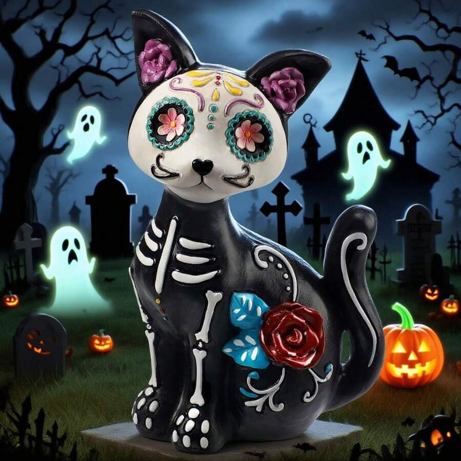 Halloween Resin Dog/Cat Figurine - Unique Sugar Skull-Themed Sculpture With Halloween Decor Appea... | SHEIN