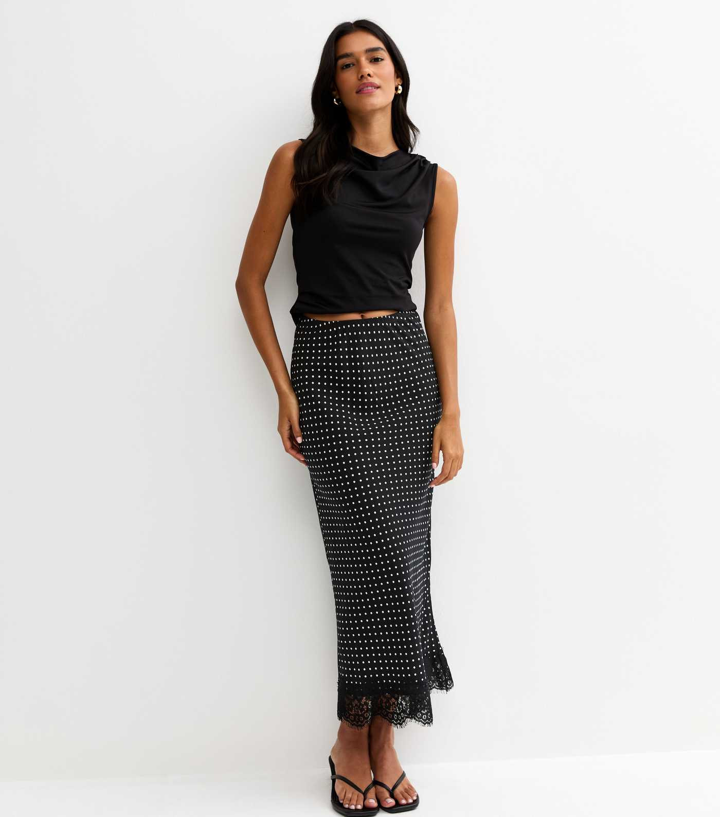 Black Lace Trim Spot Print Bias Cut Midi Skirt | New Look | New Look (UK)