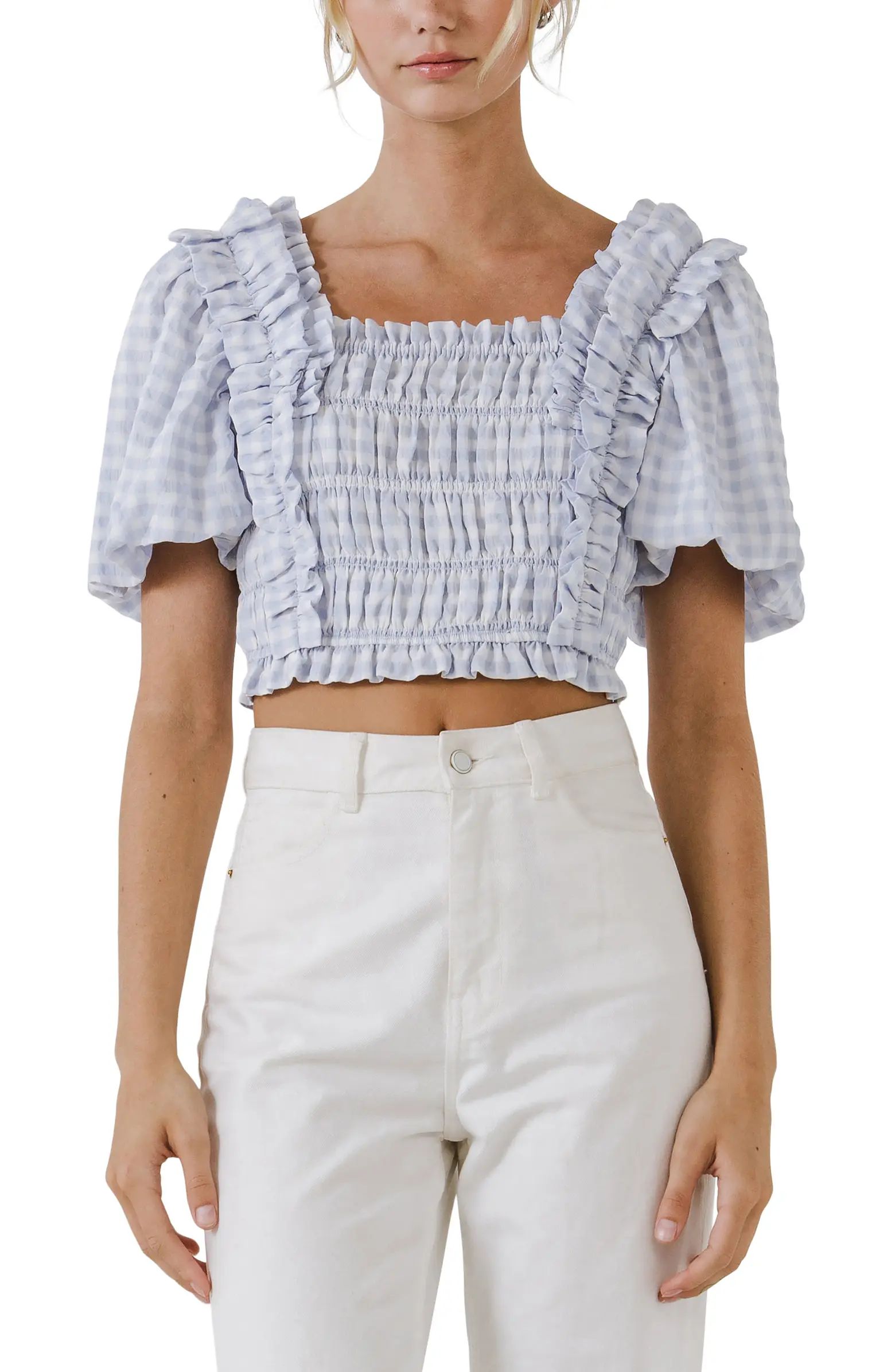 Gingham Smocked Puff Sleeve Crop TopENGLISH FACTORY | Nordstrom