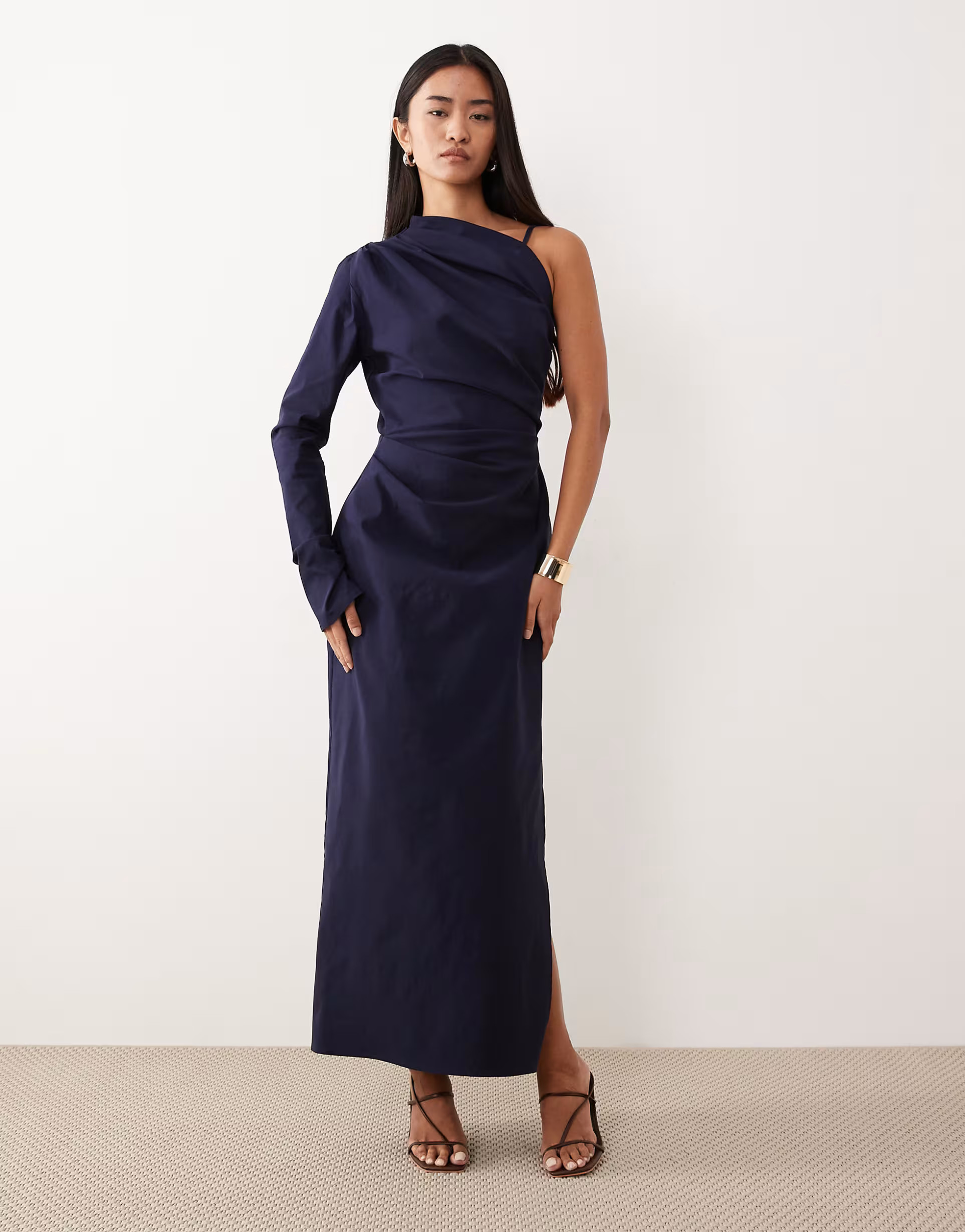 ASOS DESIGN one shoulder draped midi dress in navy | ASOS | ASOS (Global)