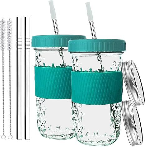 Reusable Smoothie Cup Boba Tea Cup Mason Jars with Stainless Steel Straw, Silicone Tips Straw Eco... | Amazon (US)