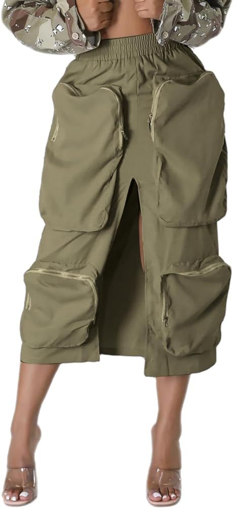 Cargo Skirt Women Elastic High Waist Front Split Loose Casual Y2K Midi Skirt with Pockets | Amazon (US)