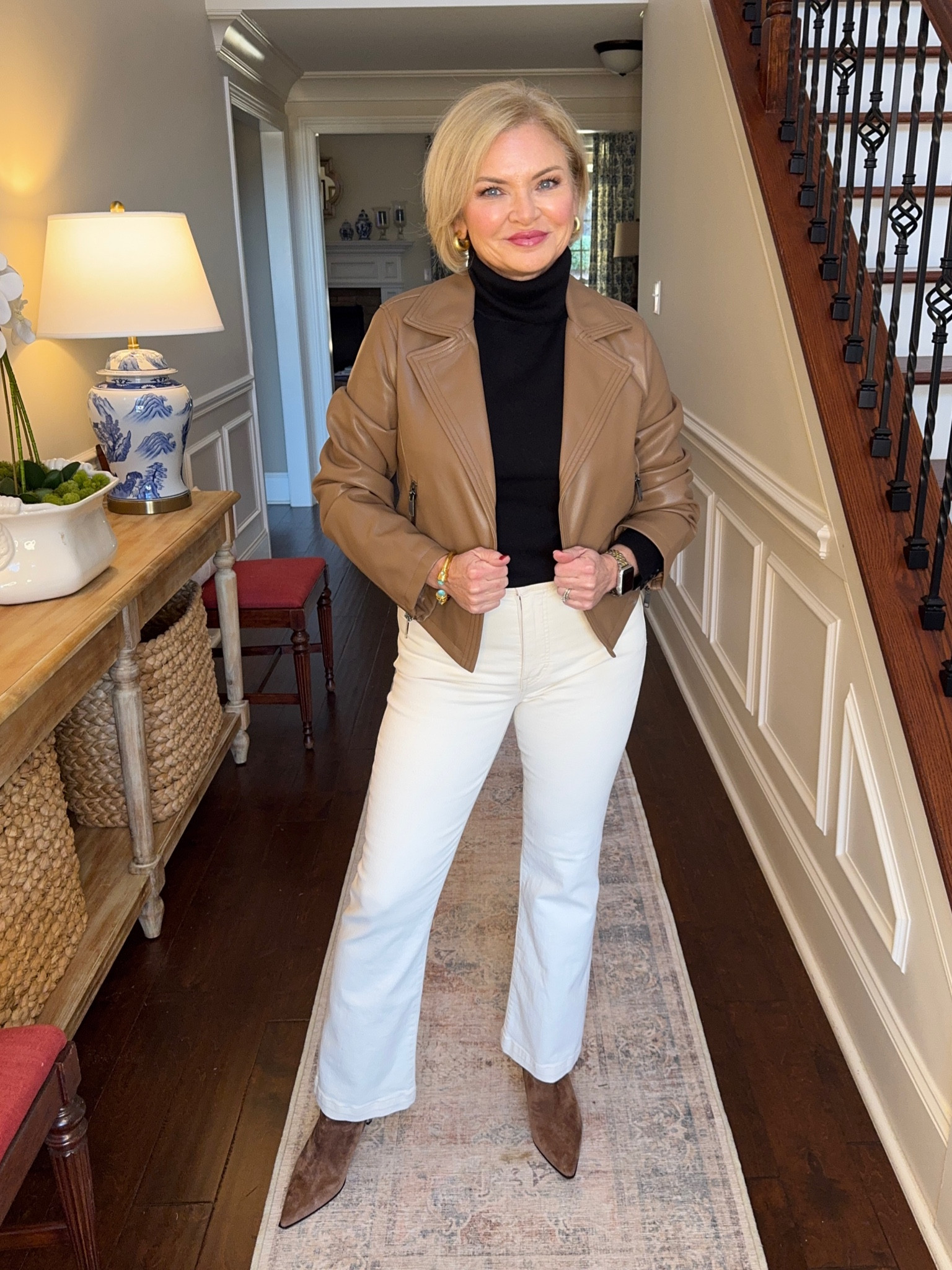 Black can ground a lighter neutral outfit in winter, and you can't go wrong with a black, camel & cream color combo!  I'm wearing a Small in the jacket, medium petite turtleneck and 4/27 jeans.

winter outfit
suede boots
winter white
black turtleneck
talbots
madewell
smart casual

#stylewithserena
#fashionover50
#midlife fashion
 

 #LTKSeasonal #LTKOver40 #LTKStyleTip