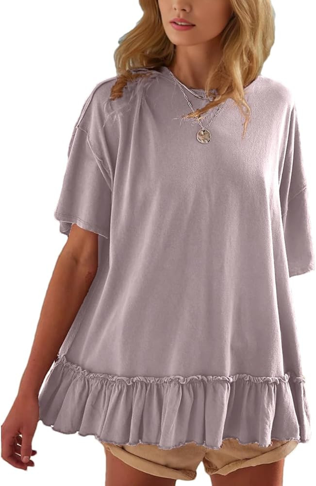 Womens Oversized Tee Shirt Casual Short Sleeve Ruffle Hem Shirts Loose Crew Neck Summer Tops | Amazon (US)