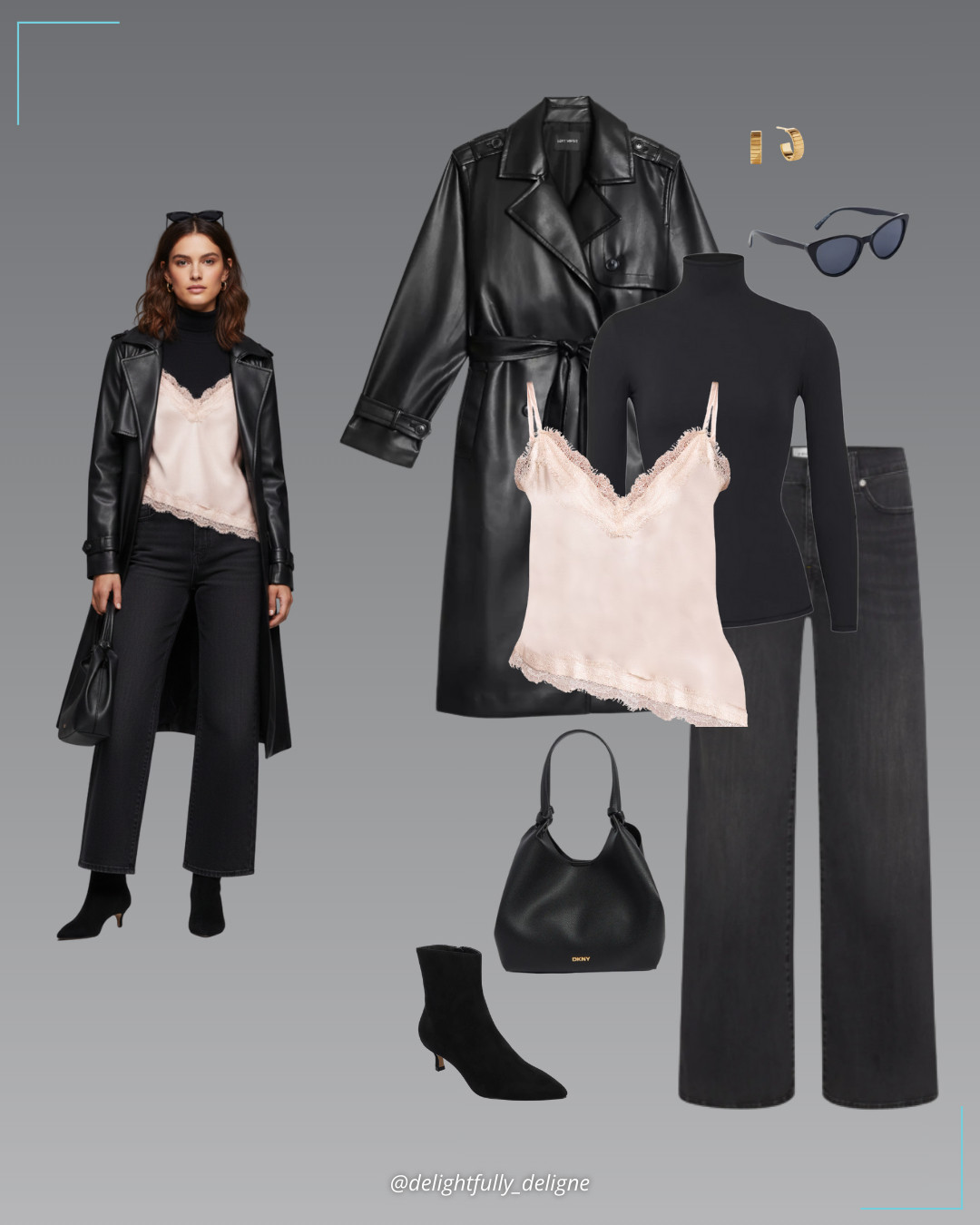 Modern Noir Layers 🩷🖤Faux leather trench coat, black turtleneck top, petite champagne asymmetric lace-trim cami, high-rise jeans, black suede ankle boots, medium tote bag, ridge half huggie hoops & cat-eye sunglasses. 

 #LTKgrwm #LTKootd #LTKOver40