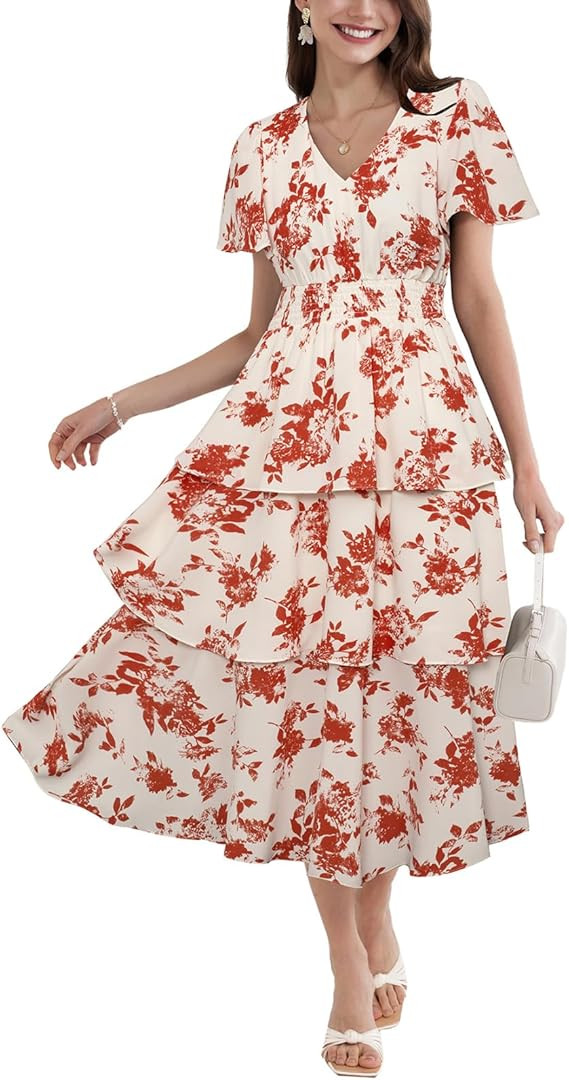 GRACE KARIN Women's 2025 Floral Summer Long Midi Dress V Neck Short Sleeve Ruffle Tiered Layered ... | Amazon (US)