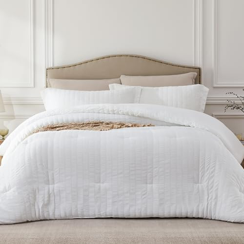 Quataly White Queen Comforter Set - 3 Pieces Seersucker Lightweight Bedding Comforter Sets (1 Soft Fluffy Comforter & 2 Pillowcases) - All Seasons Cozy Modern Bed Sets | Amazon (US)