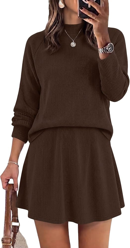 WIHOLL 2 Piece Sets for Women Mini Skirt Lightweight Sweaters Mock Neck | Amazon (US)