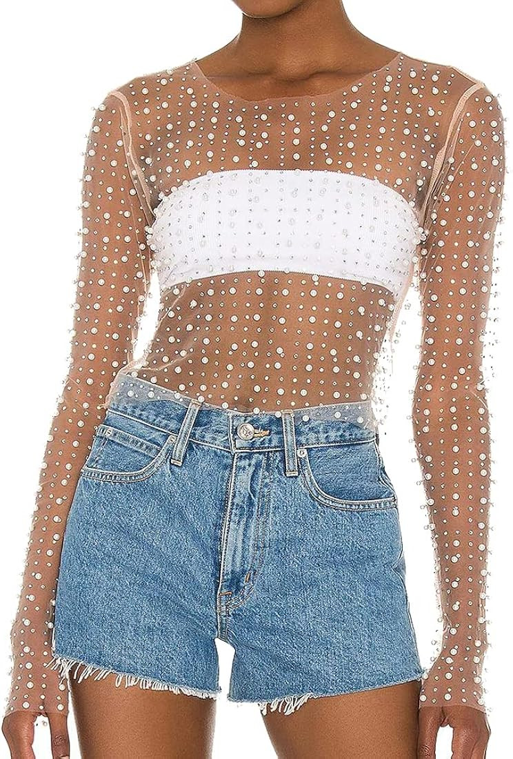 Naileksi Women Pearl Rhinestone Sheer Mesh Crop Top Sexy See Through Long Sleeve Slim Fit Cropped... | Amazon (US)