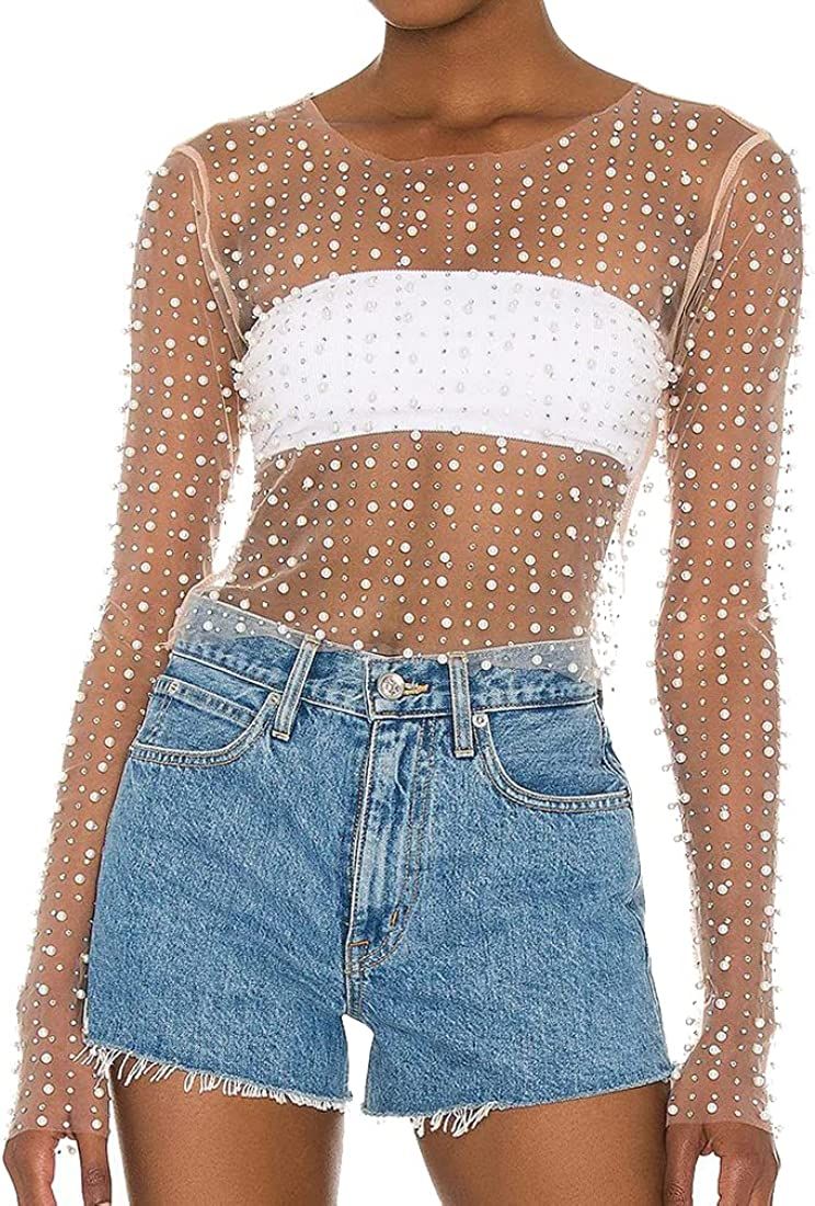 Naileksi Women Pearl Rhinestone Sheer Mesh Crop Top Sexy See Through Long Sleeve Slim Fit Cropped Blouse Shirt Clubwear | Amazon (US)