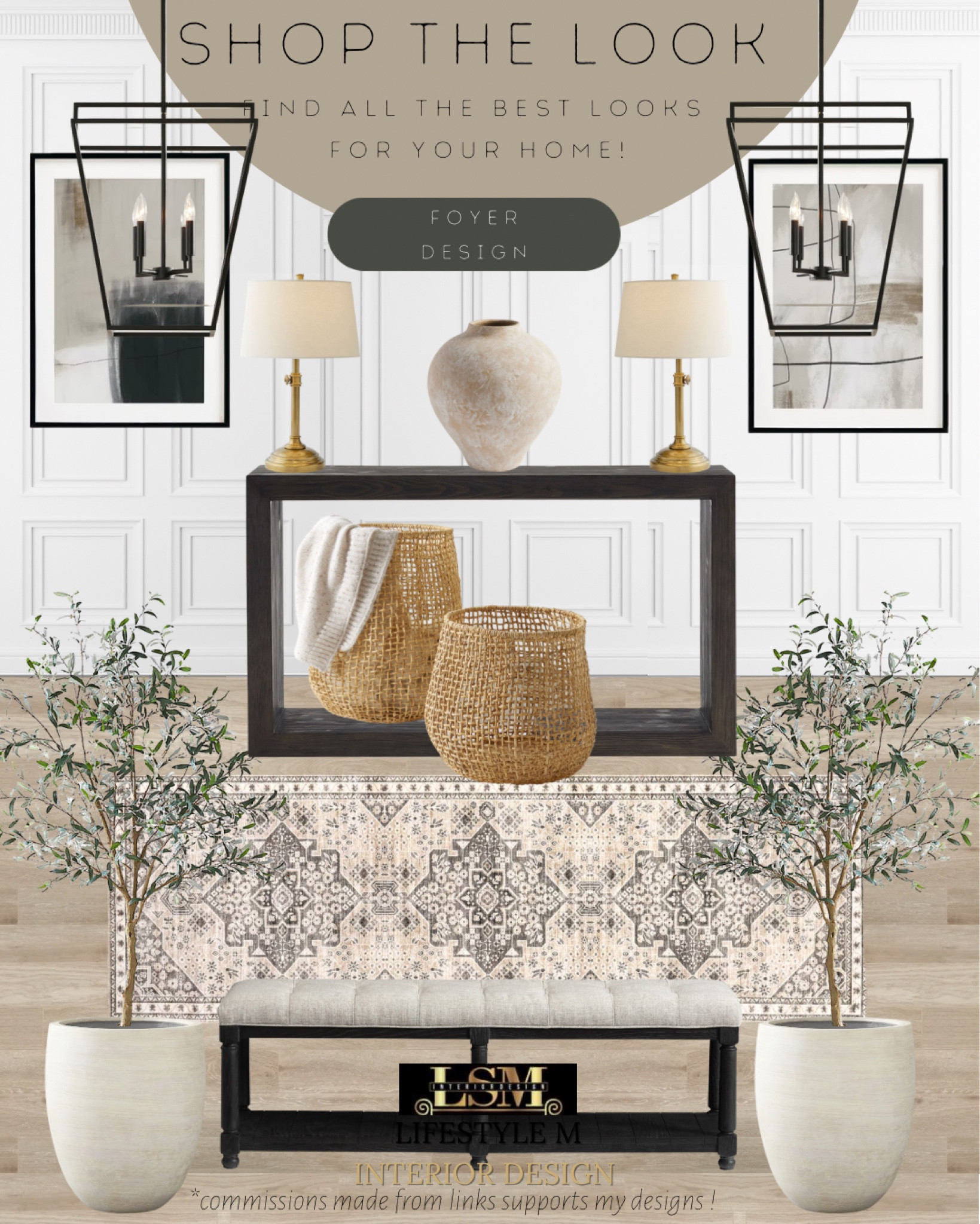 Modern farmhouse foyer idea. Black wood console table, black upholstered bench, throw basket, terracotta tree planter pot, realistic fake tree, foyer farmhouse runner, brass table lamp, modern wall art, foyer lantern pendant chandelier, terracotta vase.

#LTKhome #LTKFind #LTKstyletip