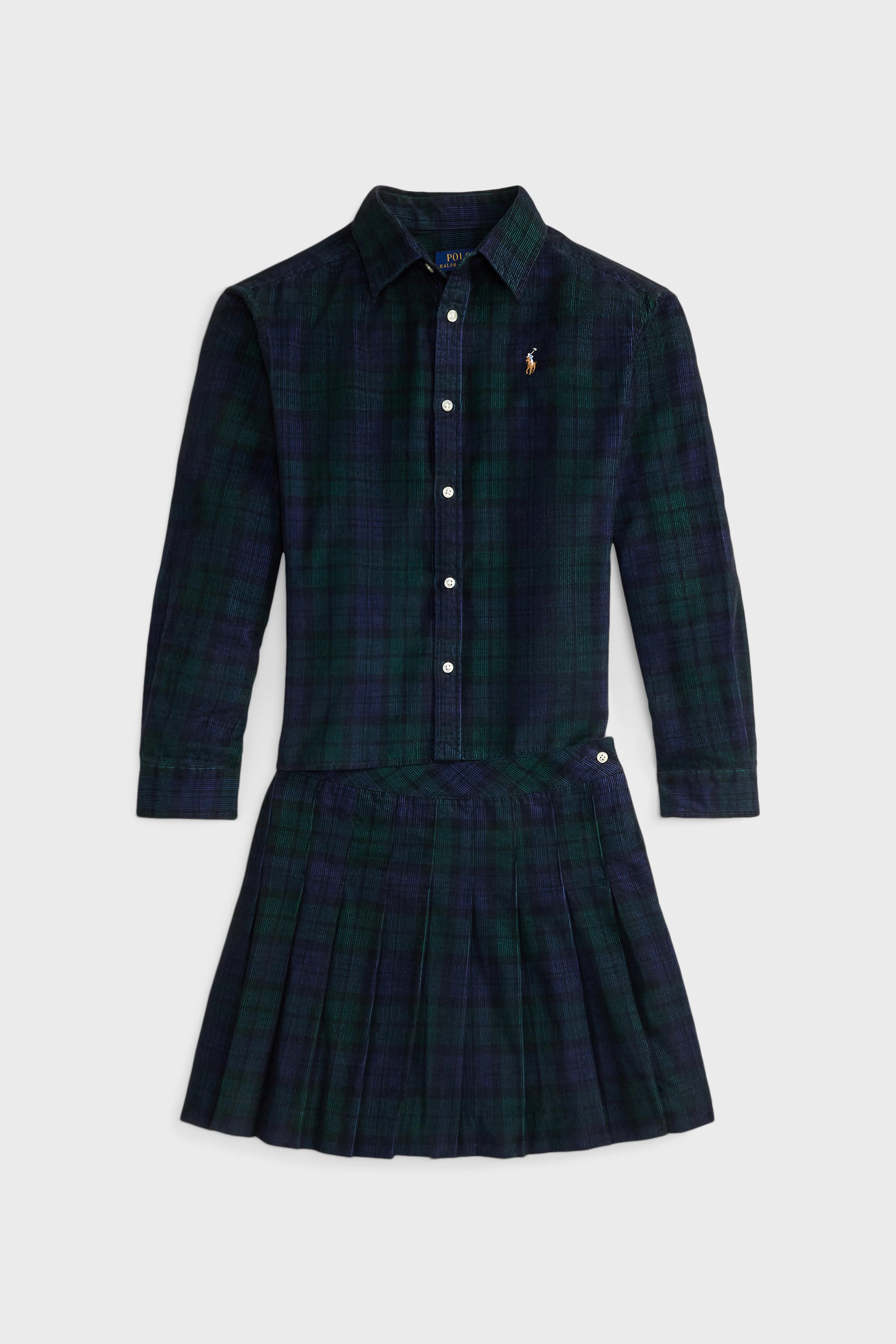 Girls Long-Sleeve Cotton Printed Corduroy Shirt with Pleated Skirt | Tuckernuck (US)