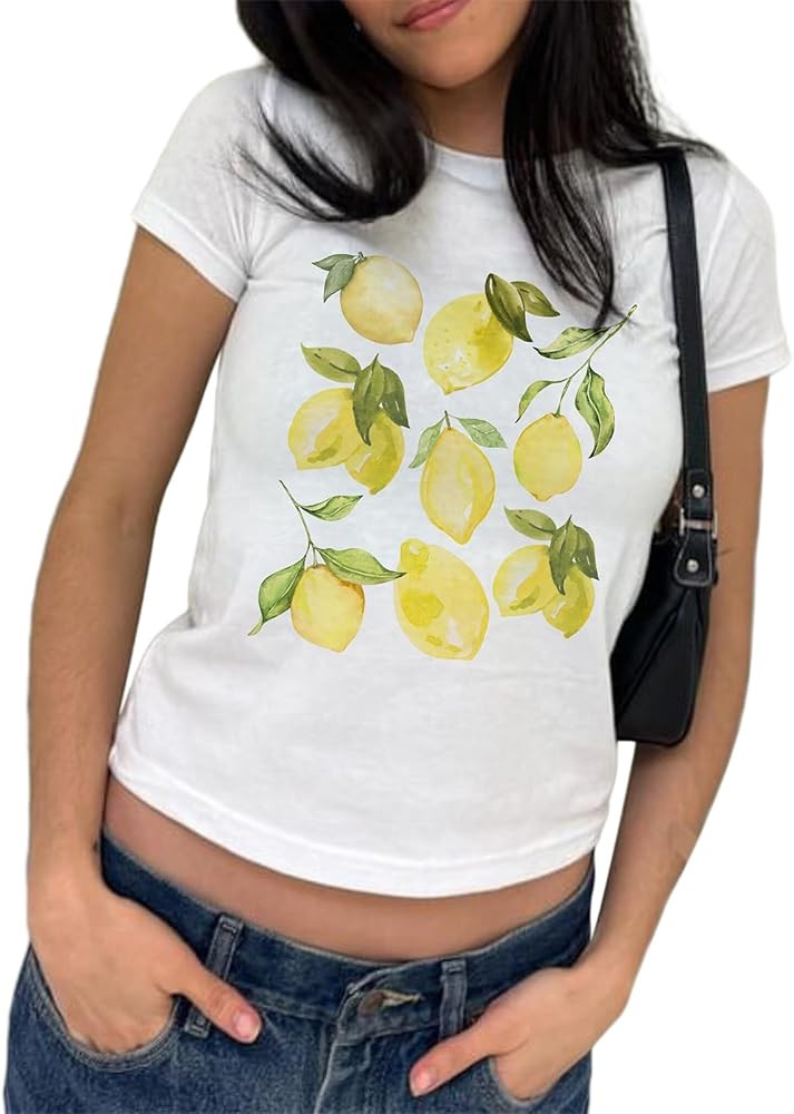 Women Y2k Short Sleeve Baby Tees Cute Graphic Print Crew Neck Crop Top Vintage Aesthetic Teen Gir... | Amazon (US)