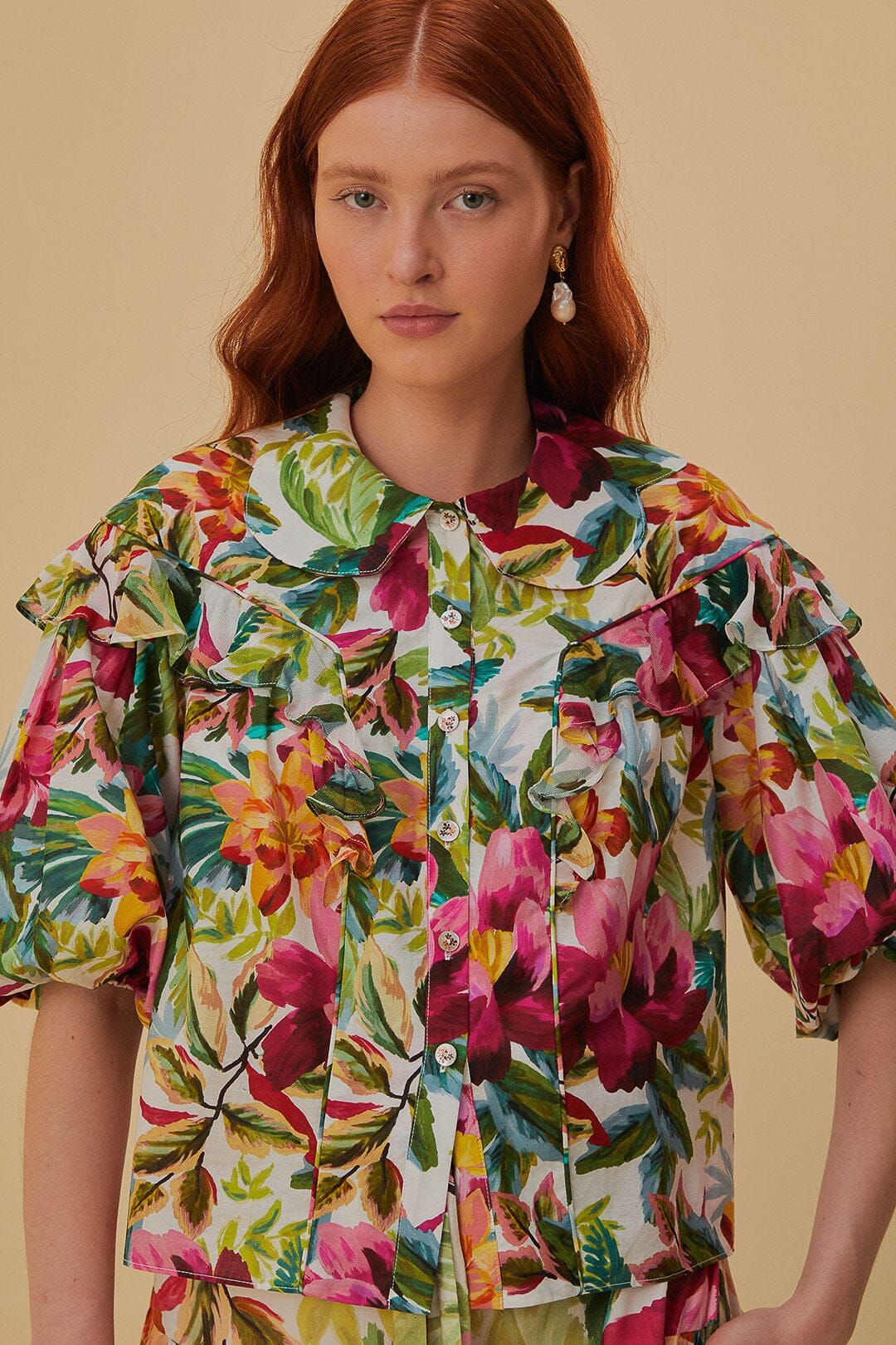 Off-White Painted Flowers Short Sleeve Blouse | FarmRio