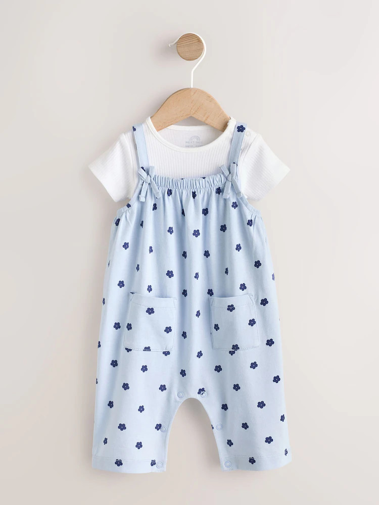 Blue Floral Baby Jersey Dungarees and Bodysuits Set 2 Piece (0mths-3yrs) | Next US