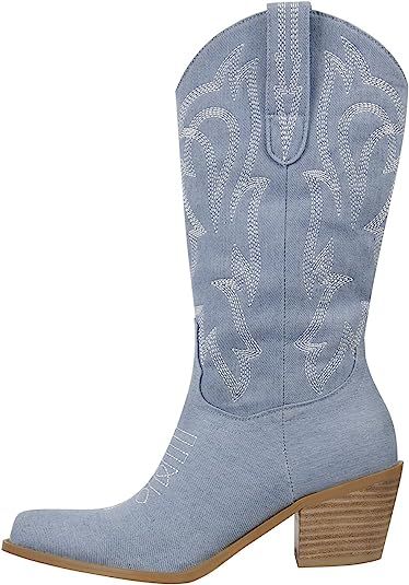 richealnini Women Cowgirl Cowboy Boots Pull On Embroidered Denim Mid Calf Booties Outside Party D... | Amazon (US)