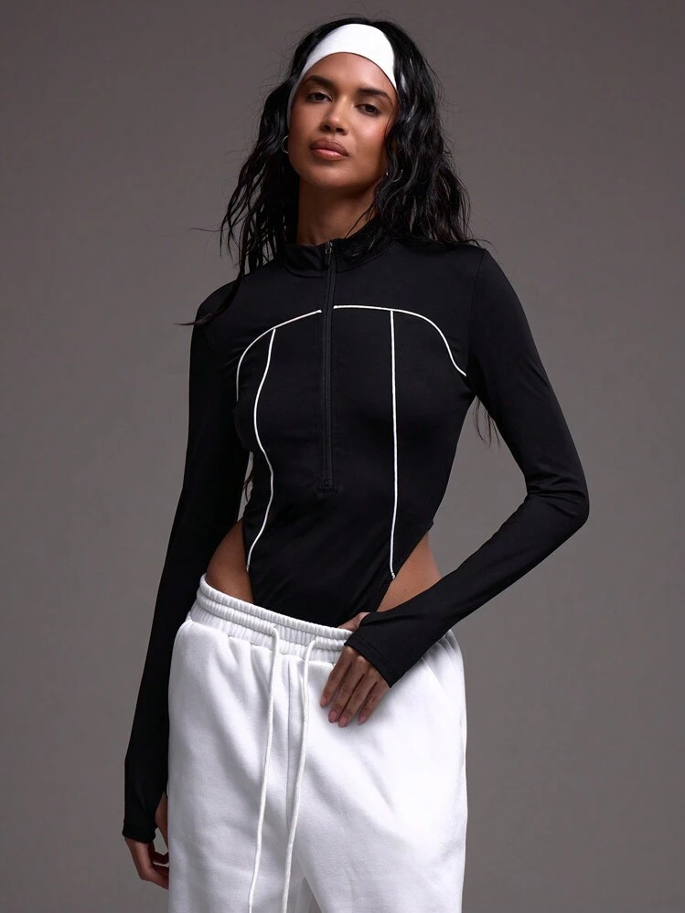 Musera Sport Contrast Piping Quarter Zip Sports Bodysuit | SHEIN