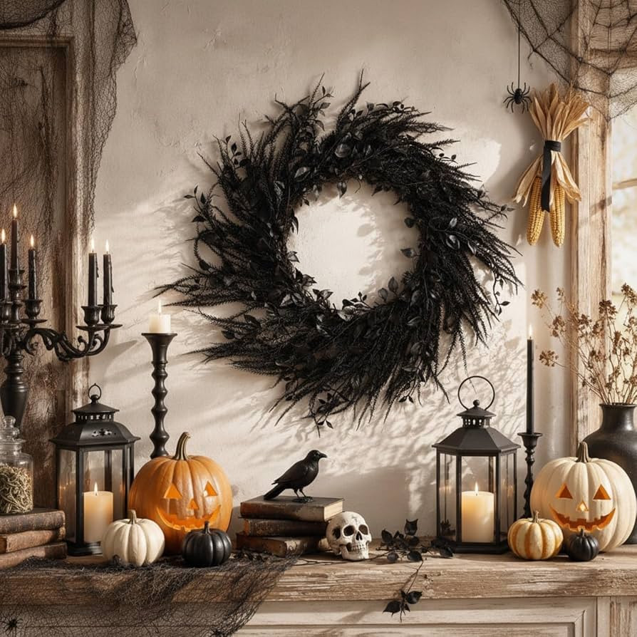 Yinder Halloween Black Norfolk Pine Wreath, Gothic Pine Branches Wreaths | Amazon (US)