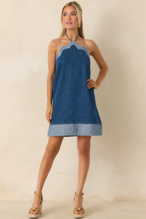 Off the Edge Light Indigo Cotton Denim Halter Mini Dress | Red Dress