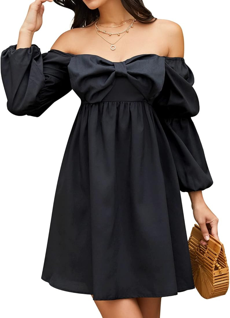 EXLURA Womens Summer Casual Wedding Guest Dress Square Bow Neck Long Puff Sleeve Dress Empire Wai... | Amazon (US)