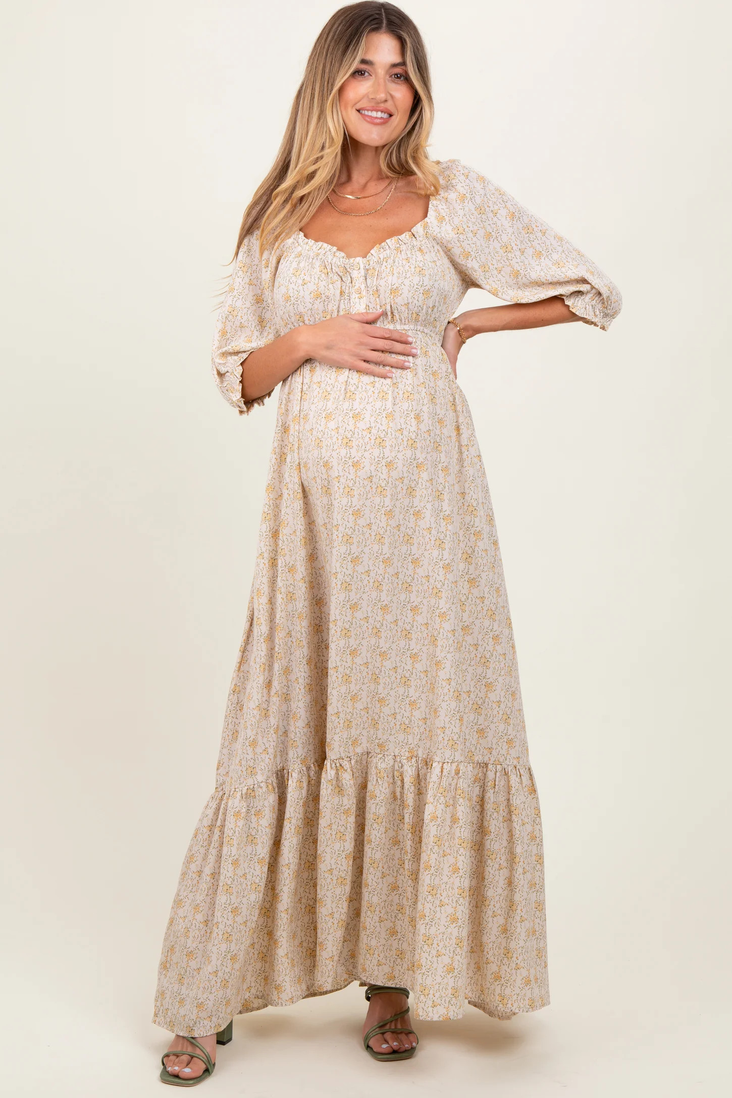 Cream Floral Sweetheart Neckline Maternity Maxi Dress | PinkBlush Maternity