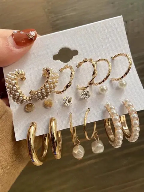 9Pairs Faux Pearl Alloy Cuff Earrings Set | ZAFUL (Global)
