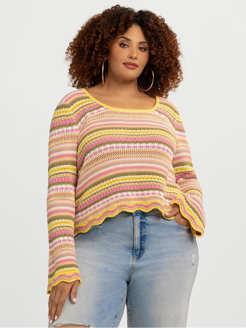 Jessica Simpson Women's Lilianna Cotton Pointelle Sweater with Long Sleeves, Lightweight, Sizes X... | Walmart (US)