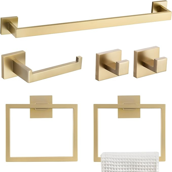 TQKAG 6-Piece Bathroom Towel Bar Sets Brushed Gold 23.6 inch Towel Bar Stainless Steel Towel Ring... | Amazon (US)