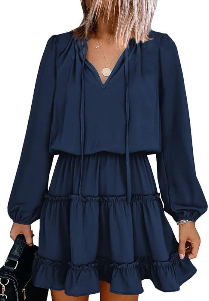 Dokotoo Womens 2024 Split V Neck Ruffle Chiffon Elegant Mini Short Skirt Dresses | Amazon (US)