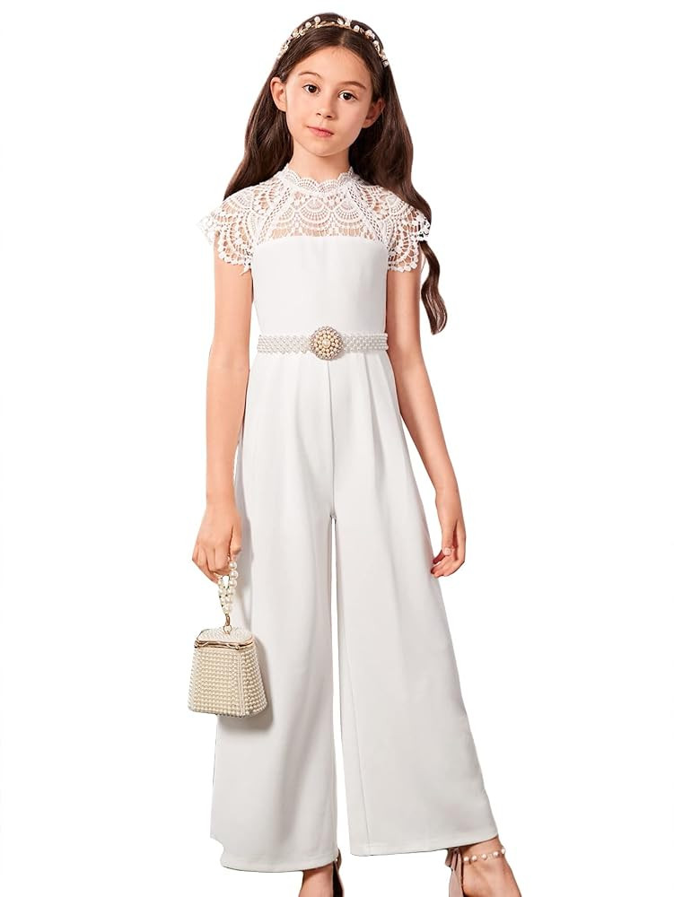 Milumia Girl's Contrast Lace Scallop Cap Sleeve Mock Neck High Waist Long Jumpsuit Overalls | Amazon (US)