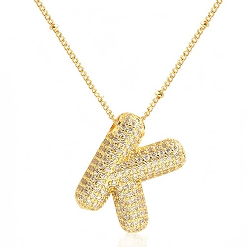 REALHUNLEE 18k Bubble Letter Necklace Gold K for Women, Rhinestone Gold A-Z Bubble Initial Necklace, Personalized Plated Letter Name Pendant Chunky Alphabet Birthday Jewelry Gifts (gold K) | Amazon (US)