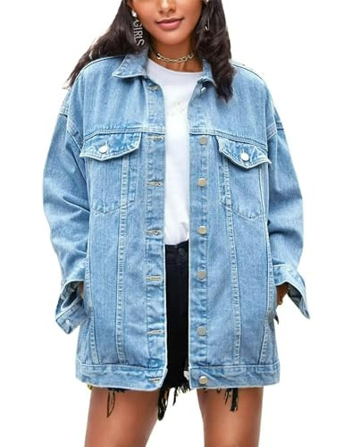 Omoone Women's Oversized Mid Long Denim Jacket Jean Biker Coat(0199-Denim Blue-L) | Amazon (US)