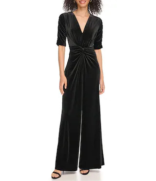 Vince Camuto Short Sleeve V-Neck Velvet Twist Wide Leg Jumpsuit | Dillard's | Dillard's