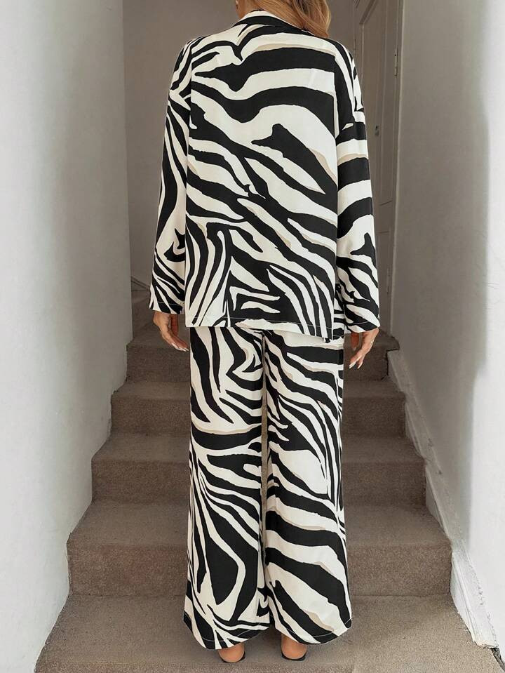 Easowa 2pcs Zebra Print Button Front Long Sleeve Shirt And Wide Leg Pants Set, Casual Loose Commu... | SHEIN