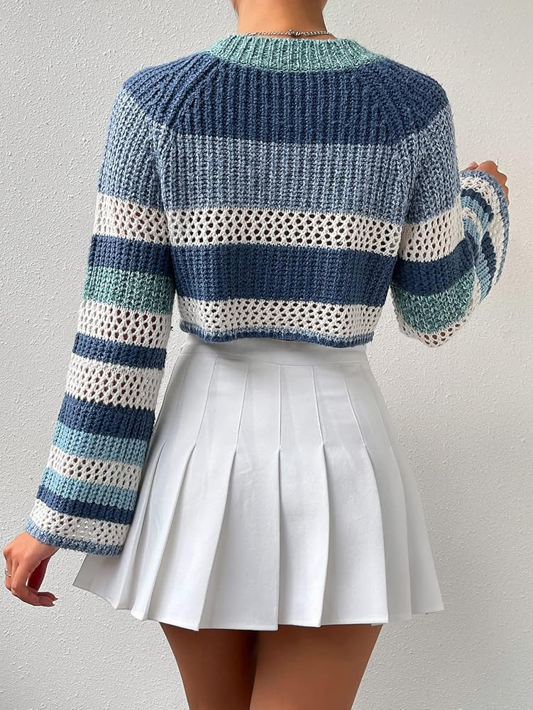Floerns Women's Striped Color Block Raglan Sleeve Pullover Crochet Knit Crop Sweater | Amazon (US)