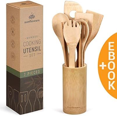 Wooden Bamboo Cooking Utensils Set - 8pcs Wood Kitchen Utensil Set with Holder - Wooden Spoons fo... | Amazon (US)
